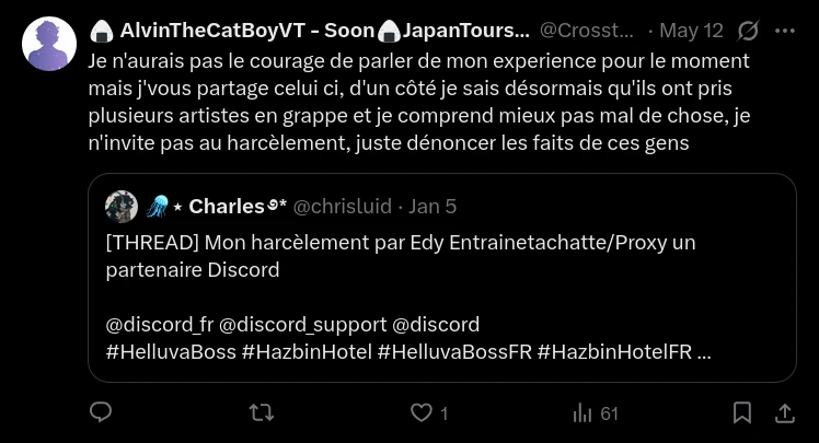 Tweet de AlvinTheCatBoy citant un message diffamatoire à l'encontre d'Edy