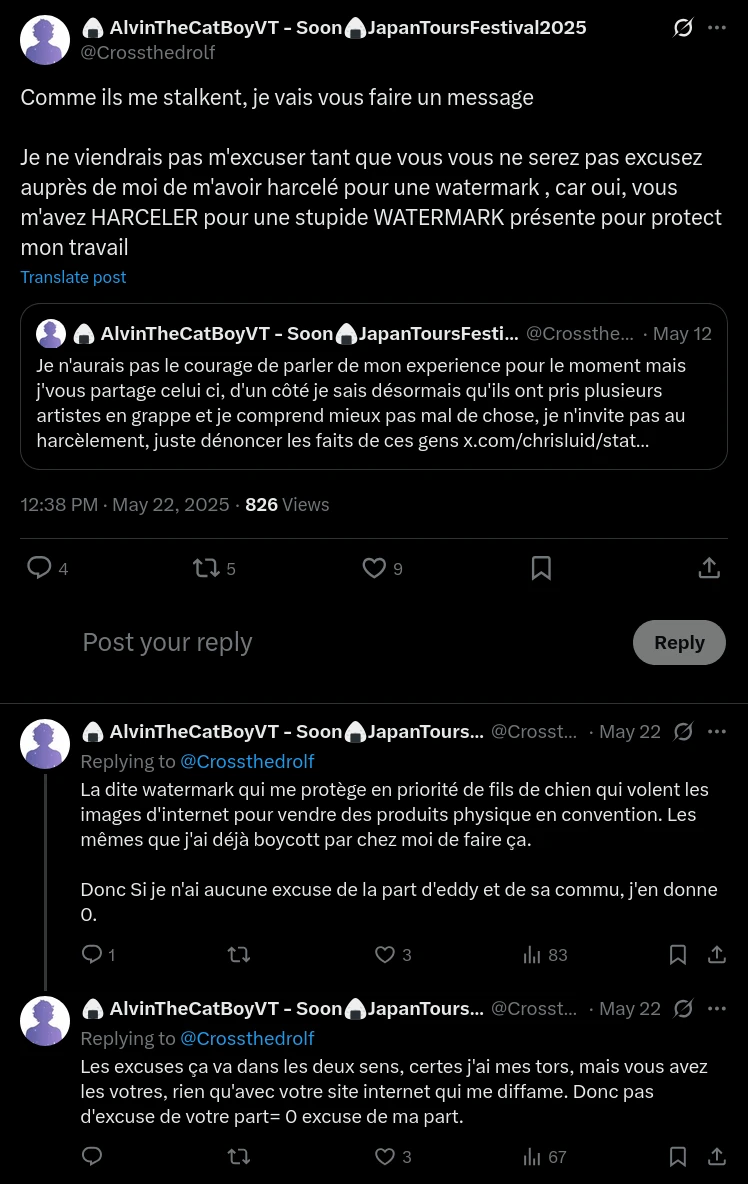 Compilation de trois tweets d'AlvinTheCatBoy du 27 mai 2025 refusant de s'excuser et accusant Edy de harcèlement passé.