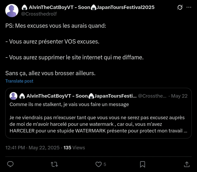 Tweet d'AlvinTheCatBoy du 27 mai 2025 listant ses conditions pour des excuses.