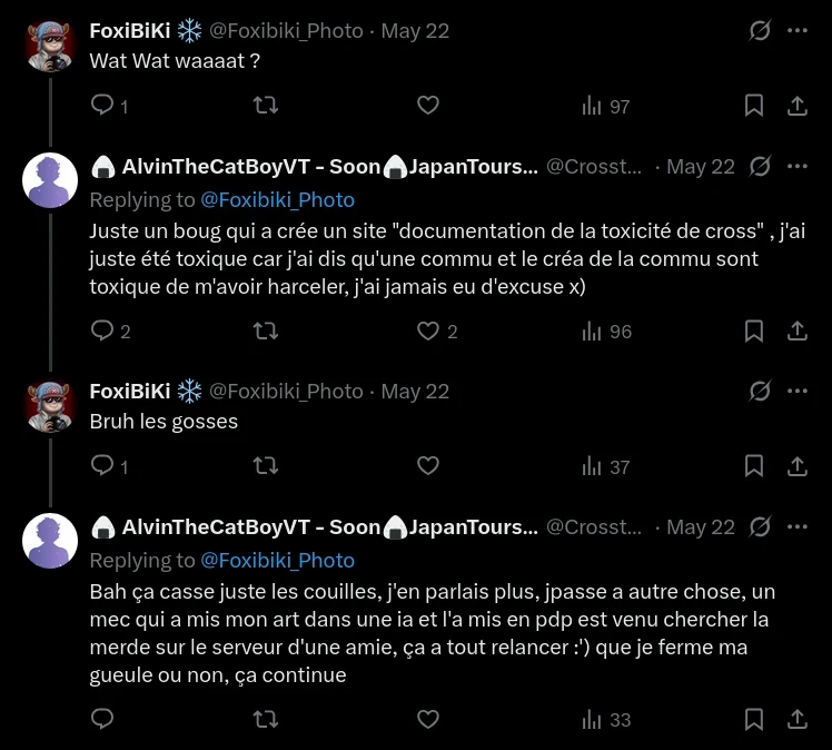 Tweet d'AlvinTheCatBoy du 27 mai 2025 admettant sa toxicité en réponse à un utilisateur.